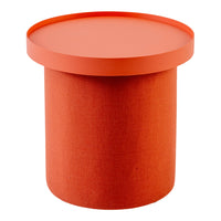 Orange cylindrical table with a textured finish and a smooth, matching lid. Modern and vibrant decor accent.