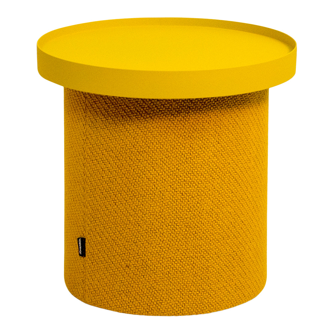 Bright yellow round accent table with textured fabric pattern for stylish home decor.