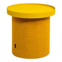 Bright yellow round accent table with textured fabric pattern for stylish home decor.