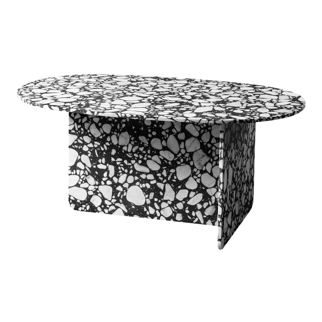 Black and white coffee table featuring an abstract pebble pattern and smooth oval top.