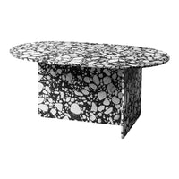 Black and white coffee table featuring an abstract pebble pattern and smooth oval top.