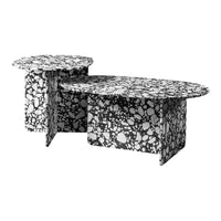 Black and white abstract pattern coffee table set with unique speckled design, featuring organic shapes and clean lines.