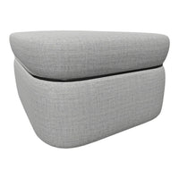 Gray upholstered ottoman with a textured finish and rounded edges, featuring a sleek black accent.