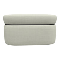 Light beige upholstered ottoman with subtle texture and a sleek black accent line.