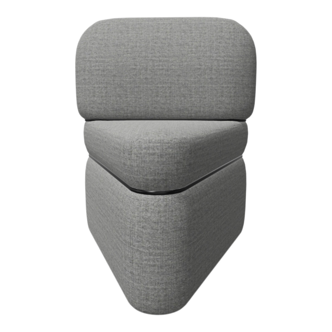 Gray upholstered chair with a textured fabric, featuring a modern, minimalist design and soft lines.