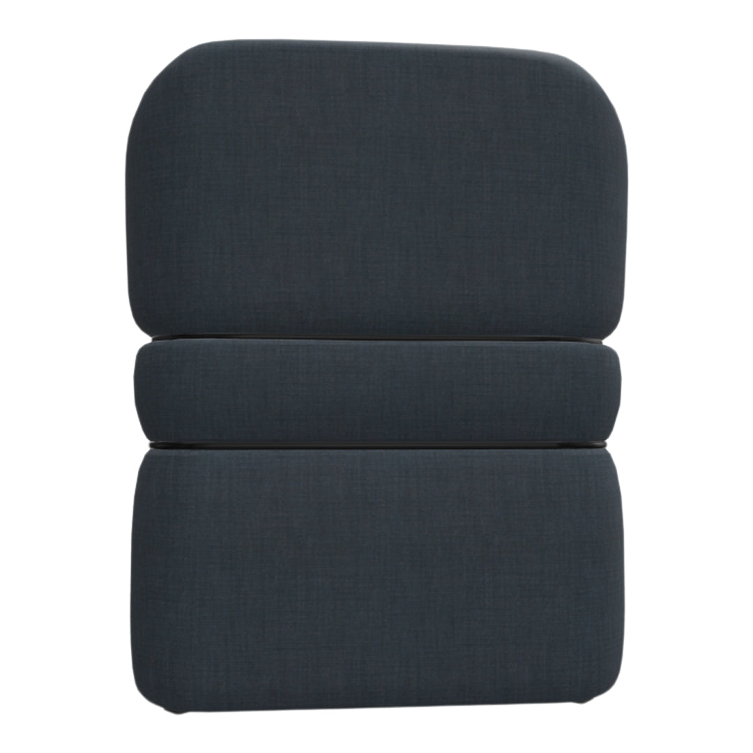 Dark gray upholstered chair with a smooth, textured fabric and minimalist design. Perfect for modern interiors.