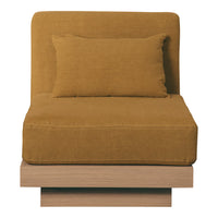 Modern mustard yellow lounge chair with a matching cushion on a light wood base, featuring a minimalist design.