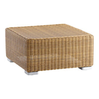 Natural brown wicker square coffee table with a textured pattern and silver feet. Ideal for outdoor or indoor use.