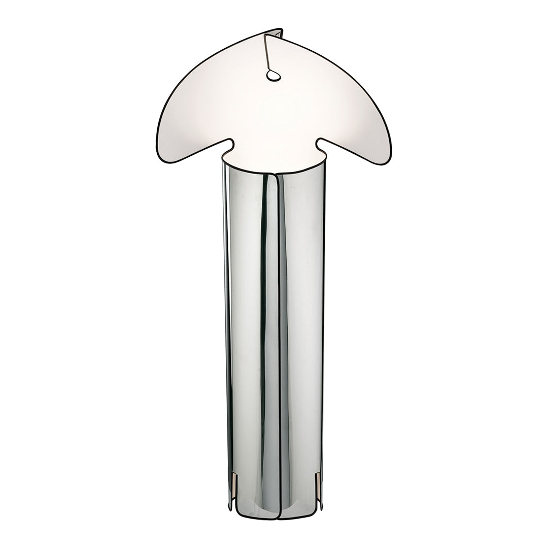 Sleek silver lamp with a minimalist design and a translucent white shade, featuring a unique mushroom shape.