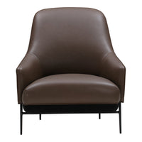 Brown leather armchair with a smooth texture and minimalistic design, featuring sleek black metal legs.