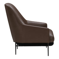 Stylish brown leather armchair with smooth texture and sleek black metal legs. Perfect for modern decor.