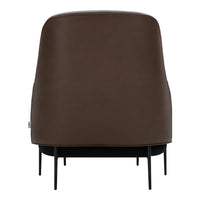 Brown leather chair with a smooth finish and sleek black legs, showcasing a modern and minimalist design.