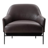Stylish brown leather armchair with a smooth finish and sleek black metal legs, perfect for modern interiors.