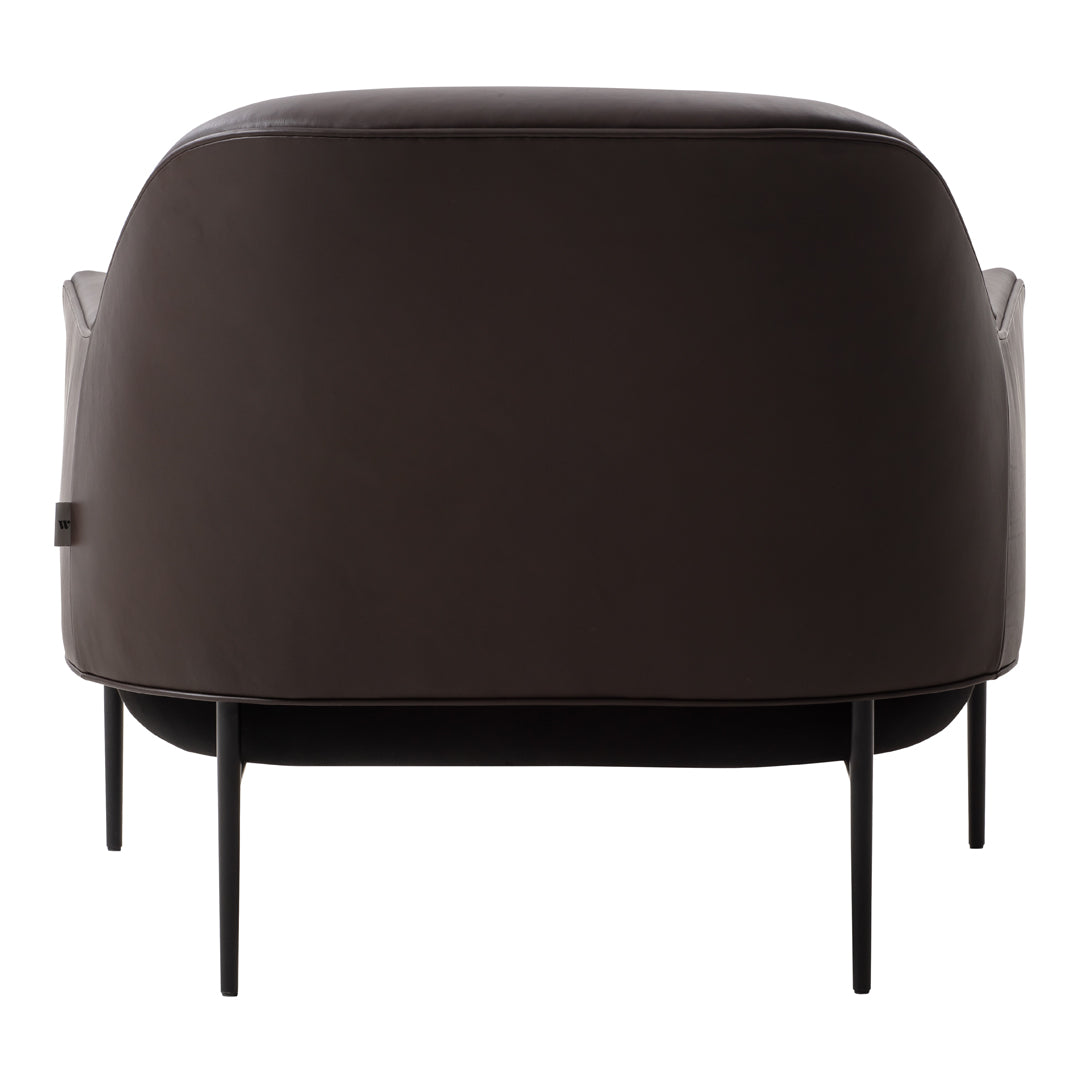 Brown upholstered chair with minimalist design and sleek black metal legs. Simple and modern aesthetic.