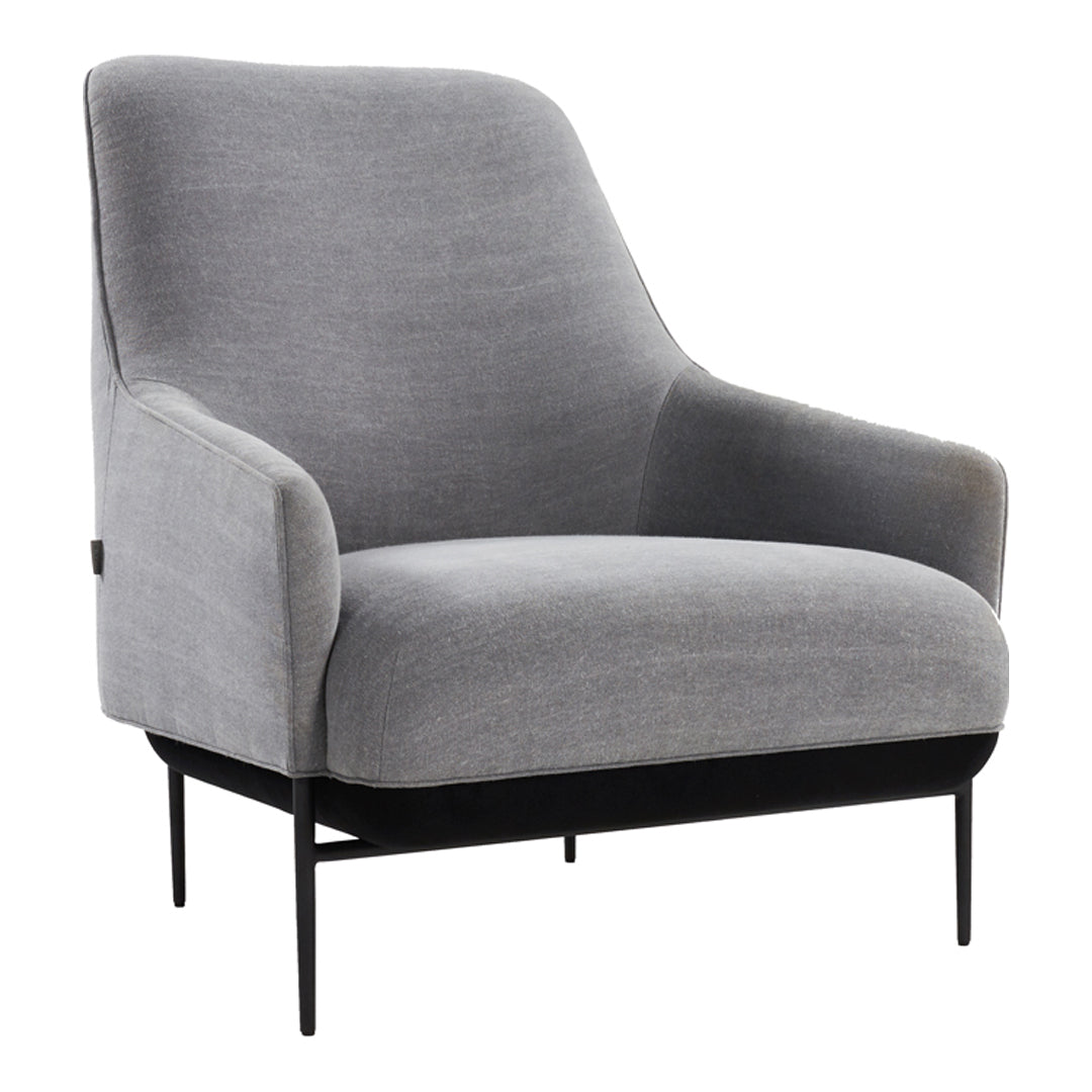 Stylish gray upholstered armchair with smooth fabric and sleek black metal legs. Perfect for modern interiors.