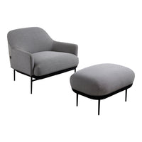 Gray upholstered armchair and ottoman with a smooth texture and minimalist design, featuring black metal legs.