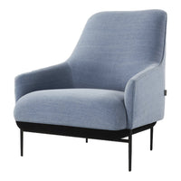 Light blue upholstered armchair with a smooth texture, complemented by sleek black metal legs. Ideal for modern decor.