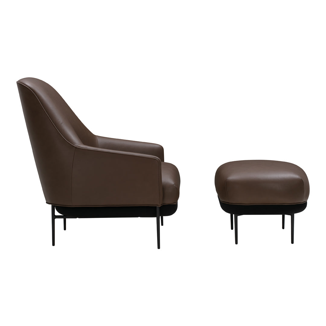 Brown leather armchair with sleek lines and matching ottoman on black legs, offering a minimalist and modern look.