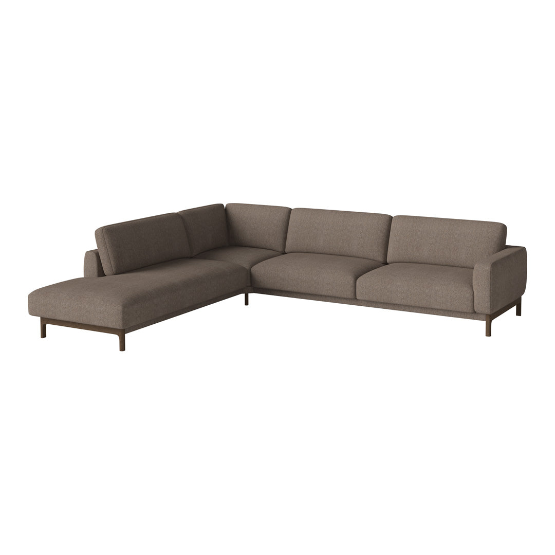 Brown linen sectional sofa with a modern design and clean lines, featuring a minimalist aesthetic and subtle texture.