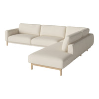 Beige sectional sofa with smooth upholstery and natural wood legs, offering a minimalist and modern design.