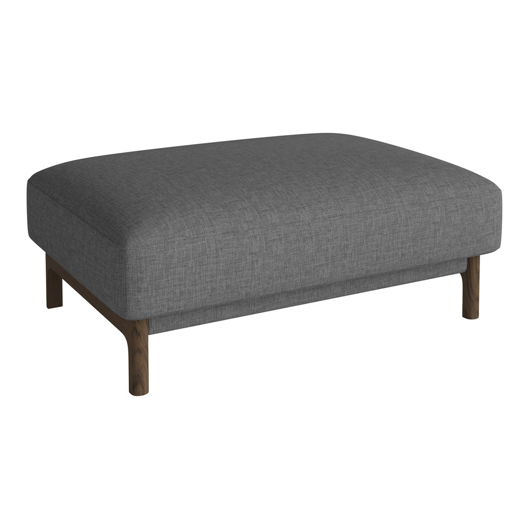 Gray upholstered ottoman with a smooth texture and wooden legs, featuring a minimalist design for modern decor.