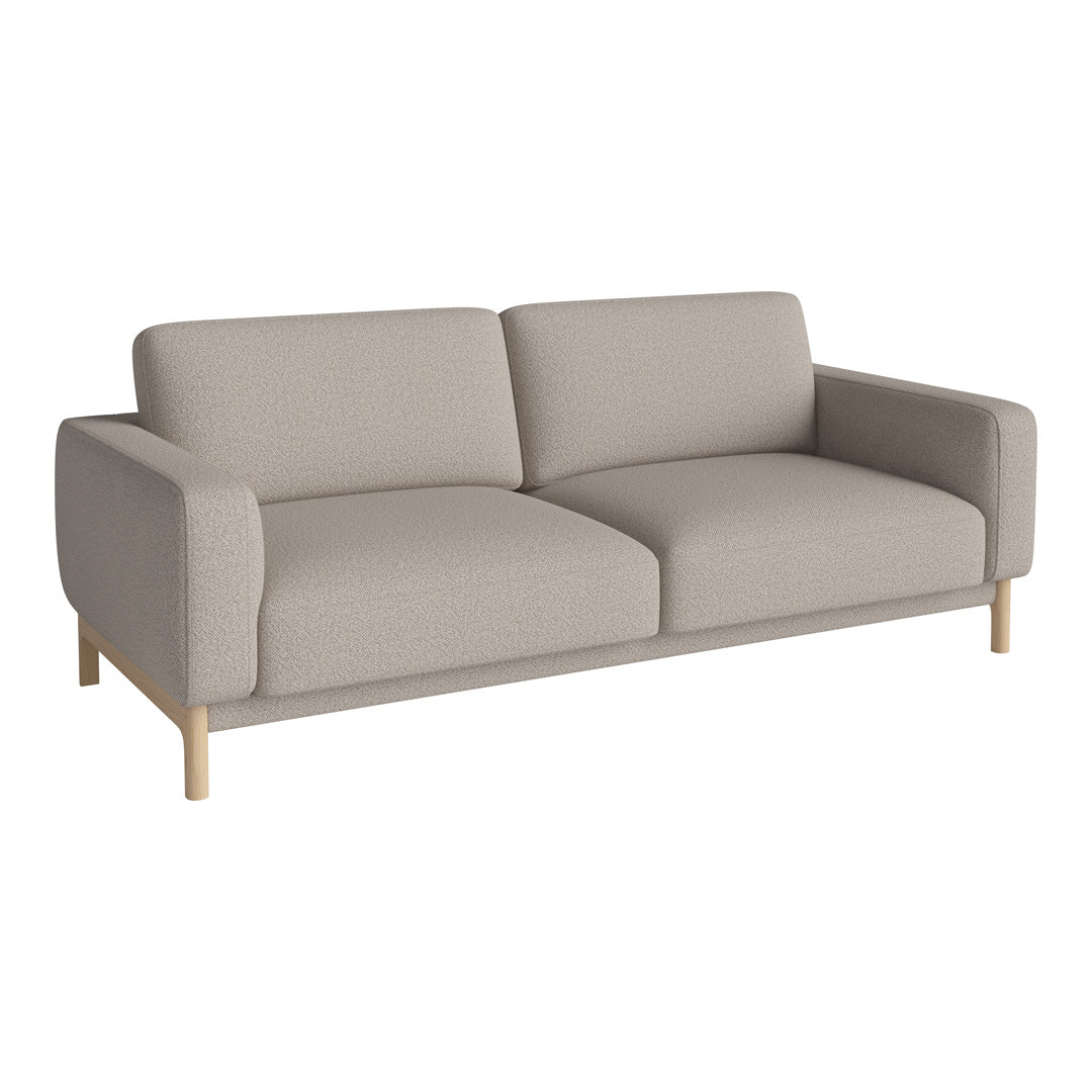 Light gray fabric sofa with simple, solid pattern and natural wood legs, perfect for modern living spaces.
