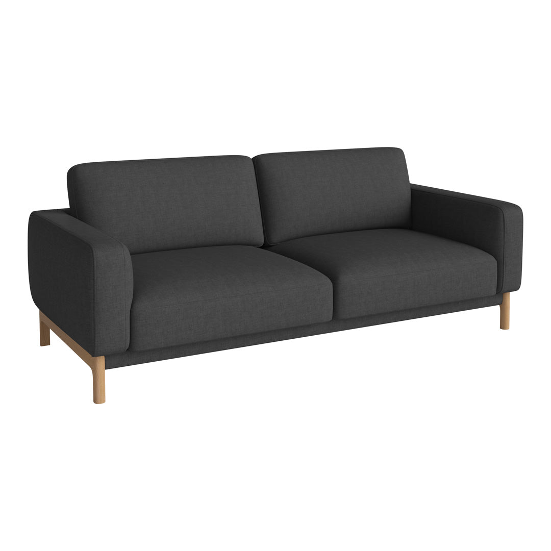 "Dark gray fabric sofa with a sleek design and wooden legs, featuring smooth, modern lines and a minimalist aesthetic."