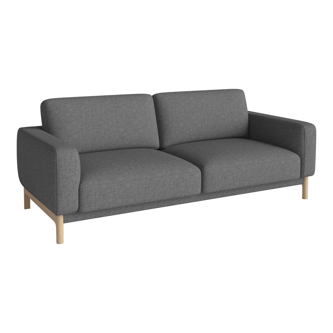 Gray upholstered sofa with a smooth fabric finish and wooden legs, perfect for modern living spaces.