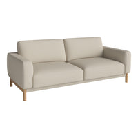 Light beige sofa with a smooth texture and minimalist design, featuring wooden legs for a modern touch.