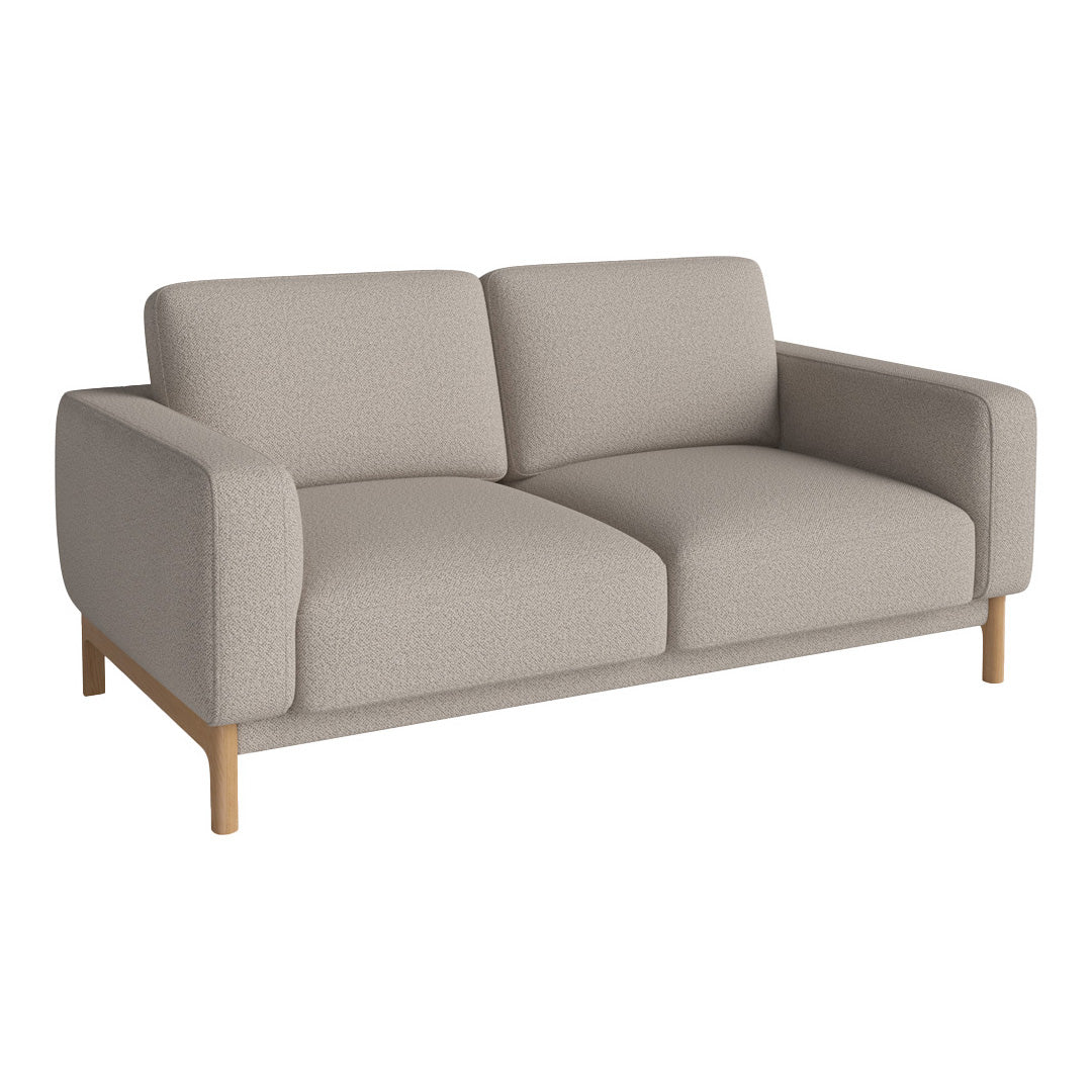 Light gray modern sofa with clean lines and wooden legs, featuring a minimalistic design without patterns.
