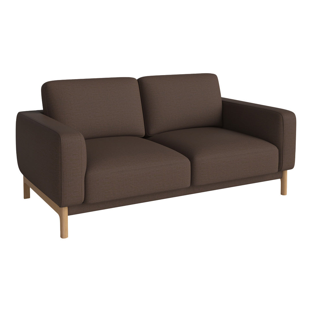 Brown upholstered sofa with a minimalist design and wooden legs, featuring a solid color without patterns.