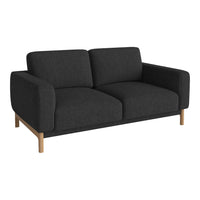Stylish dark gray fabric sofa with minimalist design and natural wood legs, perfect for modern living spaces.