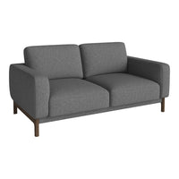 Stylish gray two-seater sofa with a sleek, minimalist design and textured fabric upholstery.
