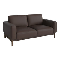 Brown leather sofa with sleek lines and minimalist design, featuring a smooth, solid pattern. Ideal for modern interiors.