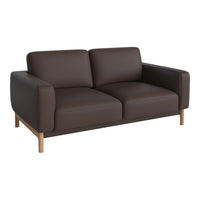Brown leather sofa with sleek design and natural wood legs, perfect for modern interiors.