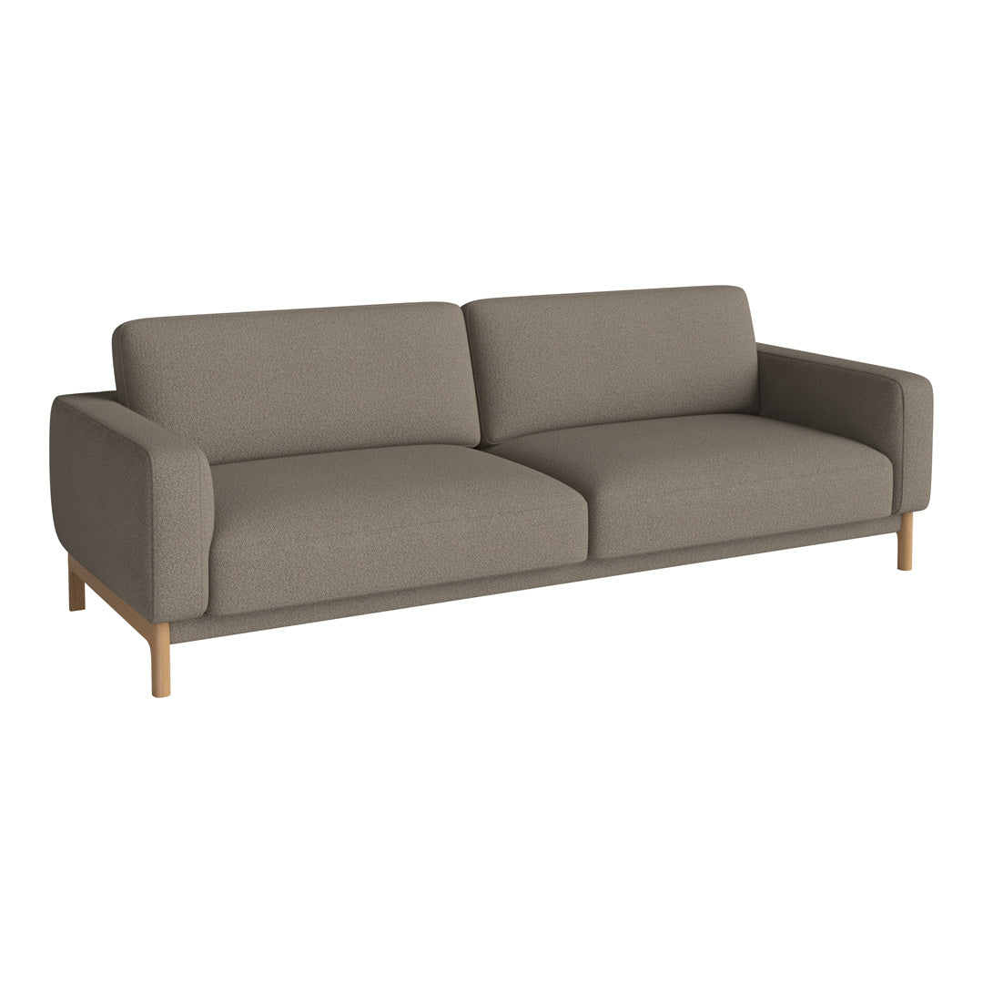 Modern grey sofa with smooth, solid fabric and wooden legs, perfect for minimalistic interiors.
