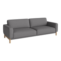 Gray fabric sofa with a sleek, modern design and natural wood legs. Simple, minimalist aesthetic for versatile decor.