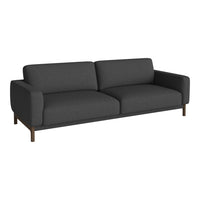 Stylish gray fabric sofa with clean lines and wooden legs, perfect for modern living spaces.