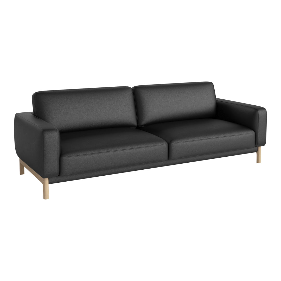 Sleek black sofa with smooth upholstery and light wooden legs, perfect for modern living spaces.
