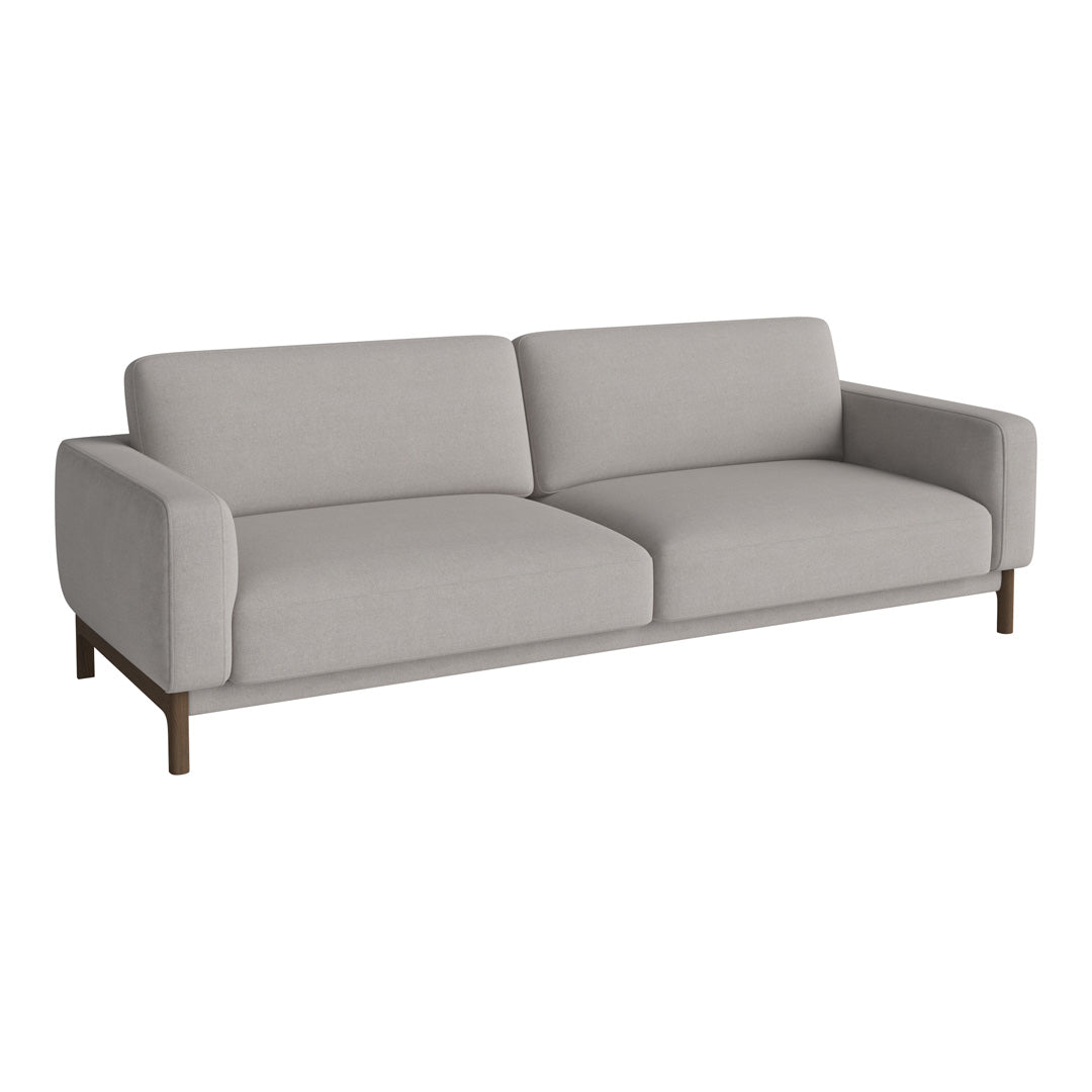 Light gray modern sofa with smooth upholstery and clean lines, paired with dark wooden legs for a sleek look.
