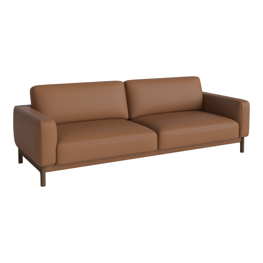 Brown leather sofa with sleek lines and minimalist design, perfect for modern living spaces.
