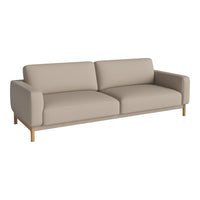 Beige fabric sofa with a minimalist design and wooden legs. Simple, modern style perfect for any living space.