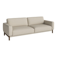Minimalist beige sofa with smooth fabric and wooden legs, perfect for modern living spaces.