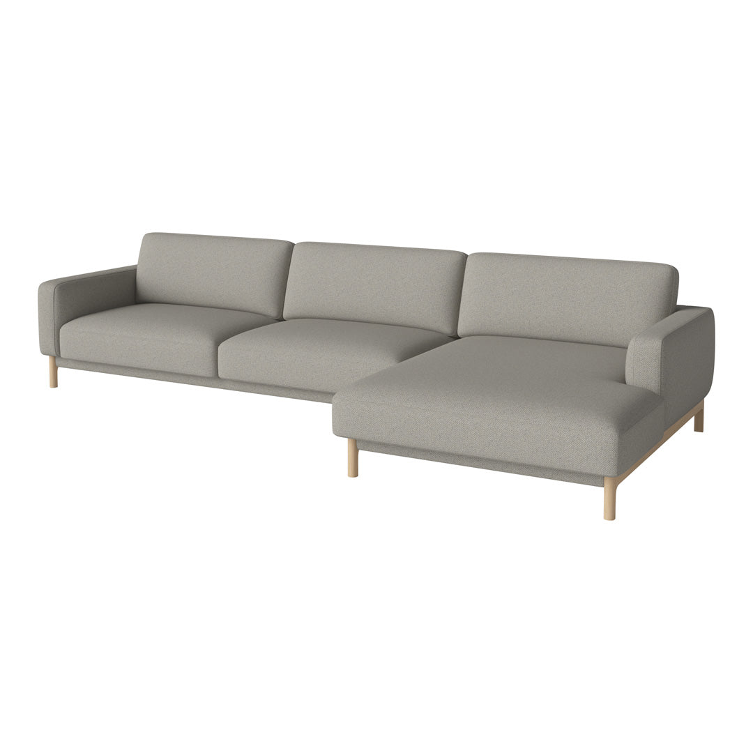 Light gray modern sectional sofa with smooth fabric and minimalist design, featuring natural wood legs.