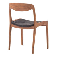 Stylish wooden chair with a rich walnut finish and a sleek gray fabric seat. Modern design with clean lines.
