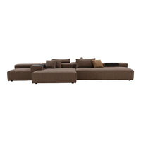 Modern sectional sofa in rich brown fabric with textured cushions, featuring a minimalist design and deep seating.