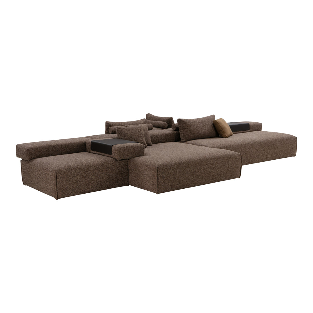 Brown fabric sectional sofa with textured upholstery and minimalist design, featuring plush cushions and varied shapes.