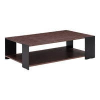Dark wood coffee table with a sleek black metal frame and a smooth, textured finish on top and bottom shelves.