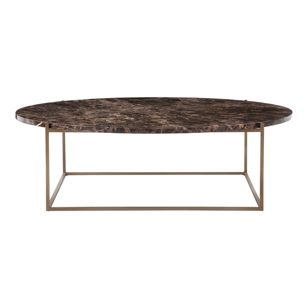 Oval coffee table with a rich dark marble top featuring subtle veining and a sleek gold metal base.