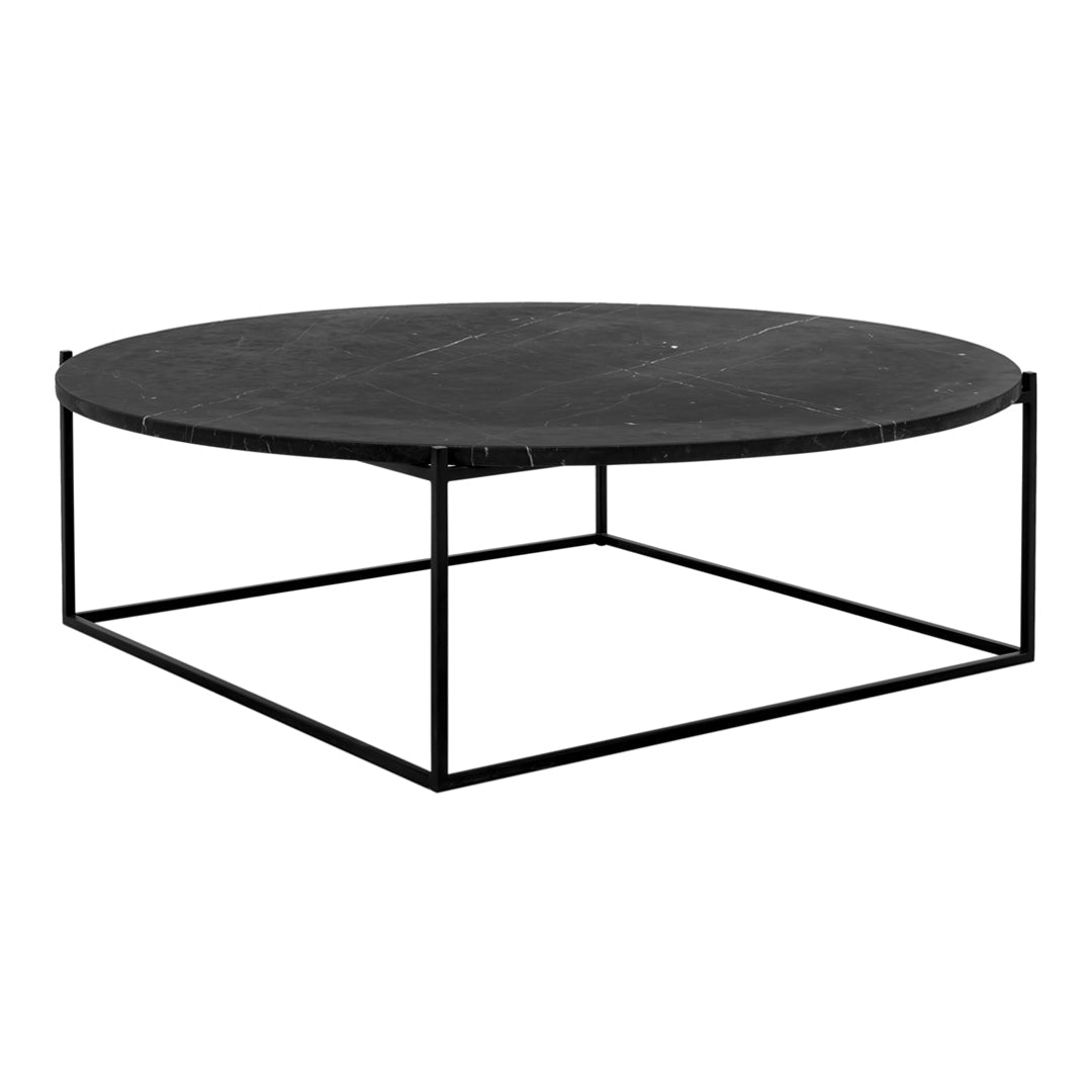 Round black marble coffee table with a sleek black metal frame, featuring a matte finish and minimalist design.